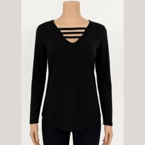 Danevil casual fitted Black Strappy V-Neck Women's Top Medium long sleeve